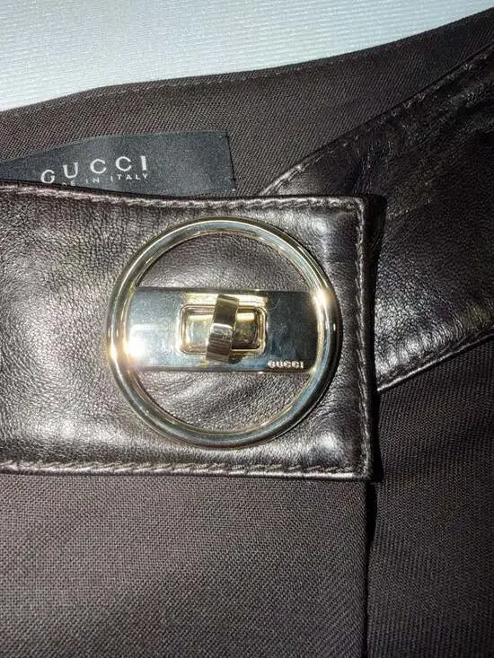 Gucci Brown Wool Wrap Skirt with Leather Trim & Gold Hardware Size 40